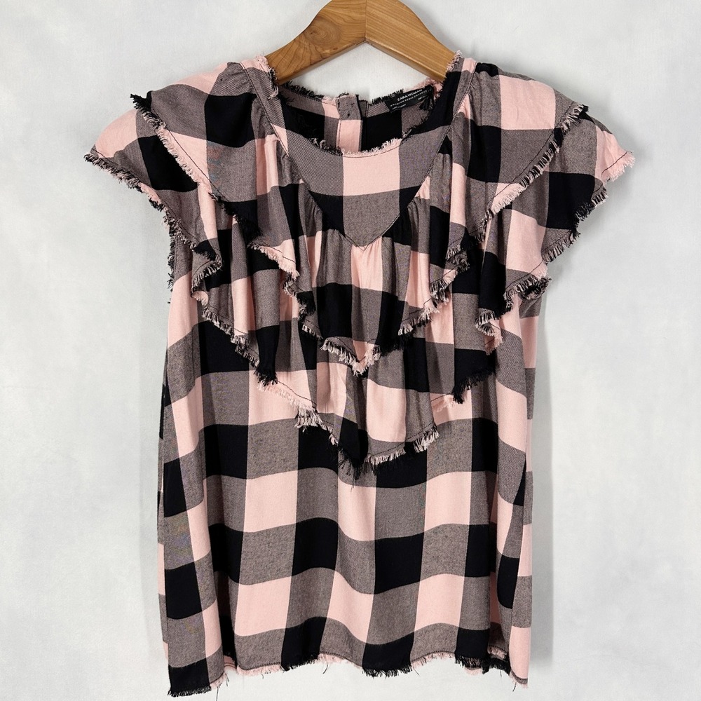 Zara Short Sleeve Ruffle Plaid Pink Black High Neck Top Womens Size Small NEW